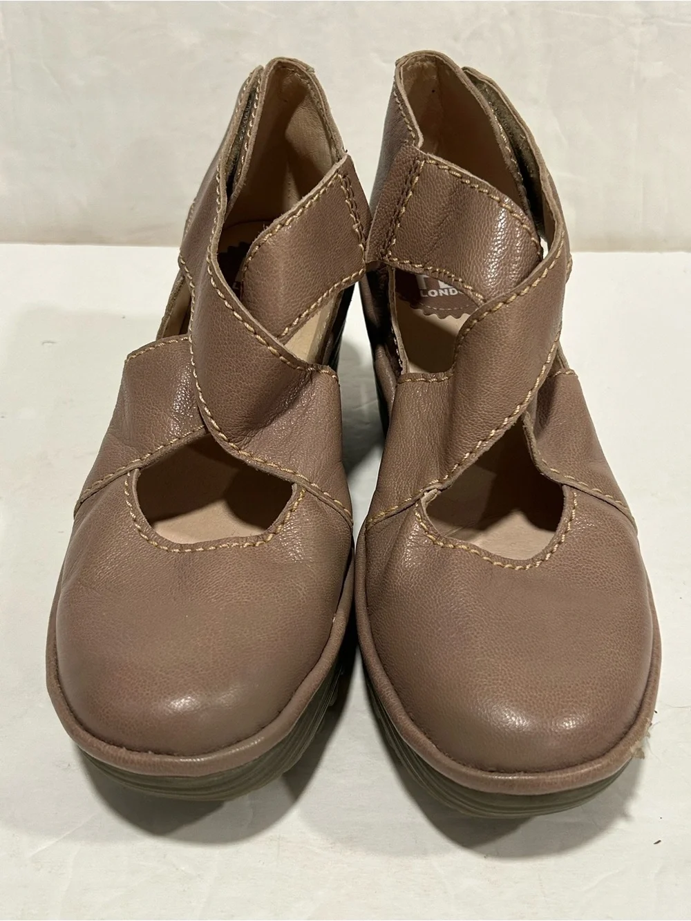 Fly London Yogo Leather Criss Cross Strap Wedge Pump Shoes Taupe EU 36 US 5-5.5
